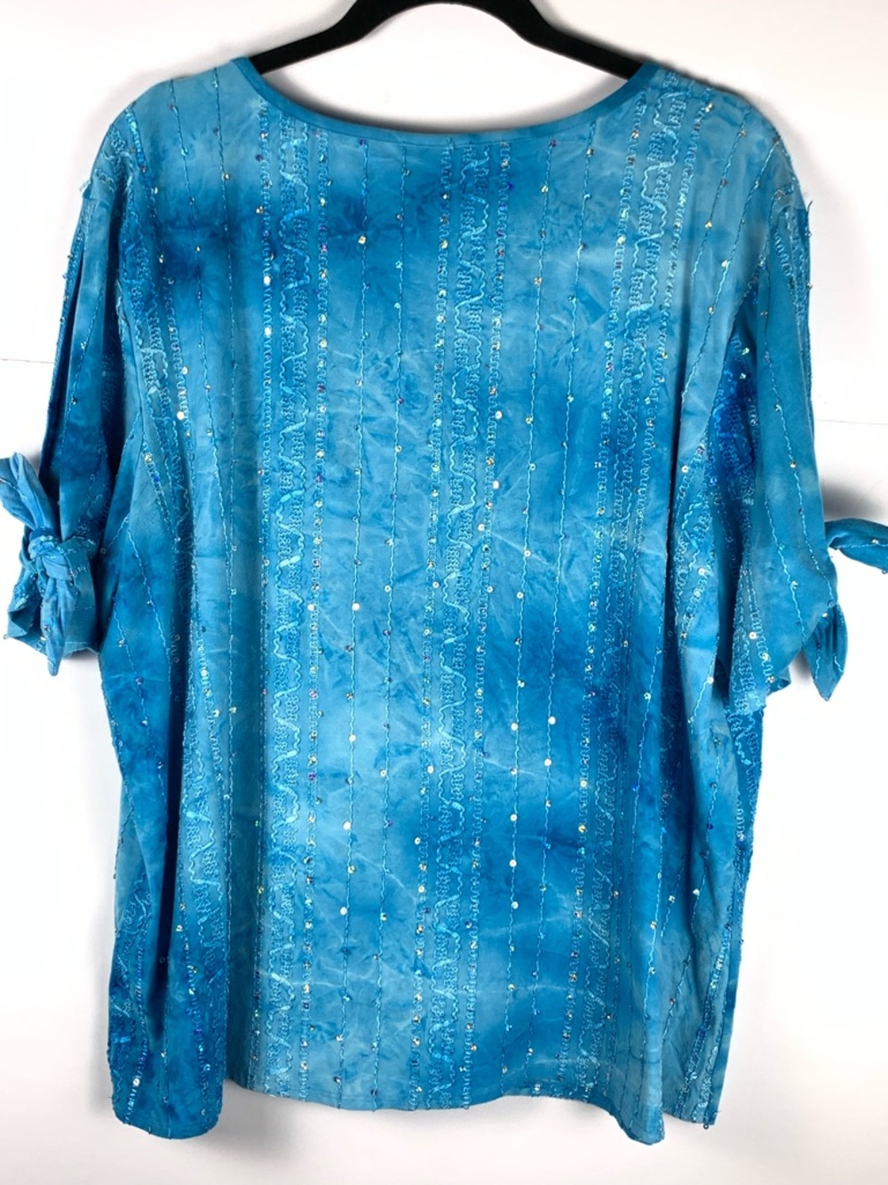 Sami & Jo Womens Top XL Blue Sequin Embellished Slit Tie Sleeve Stretch - Picture 11 of 14
